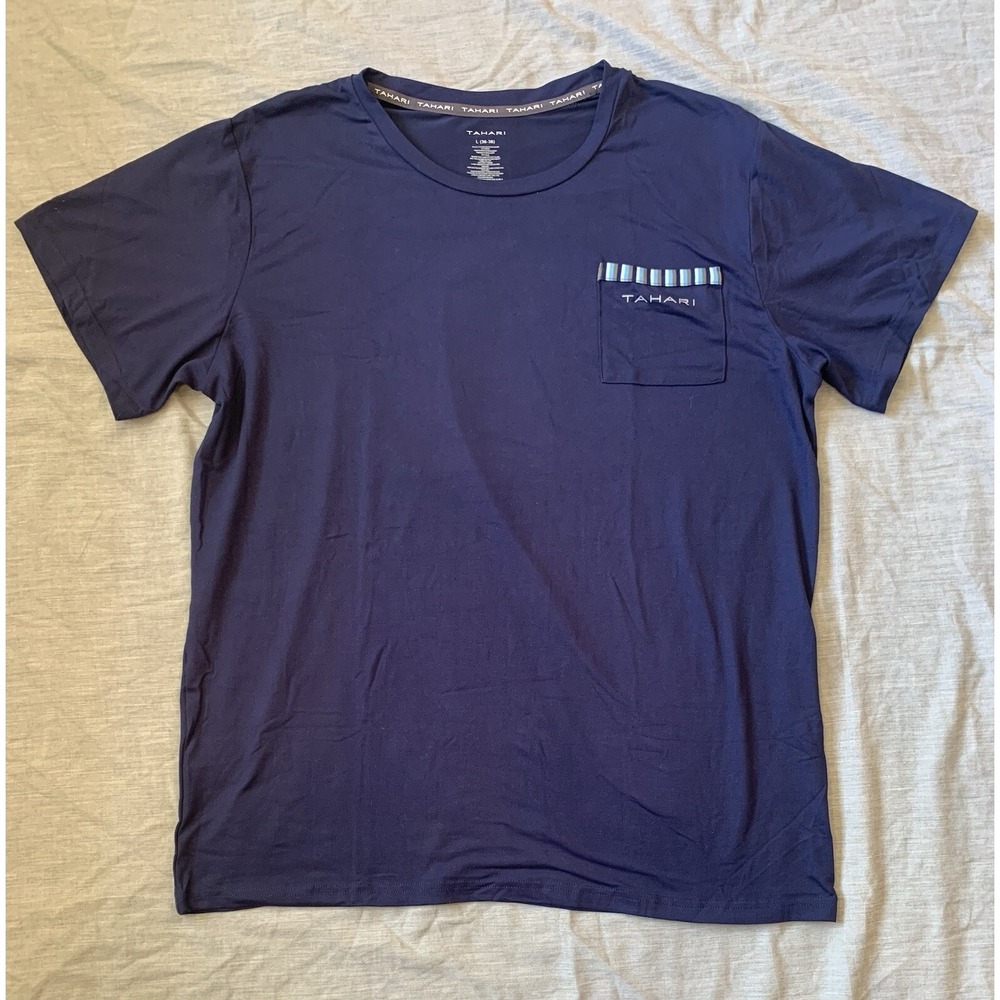 Tahari Short Sleeve Shirt Men's Size L (36-38) Crew Neck Blue Front Pocket